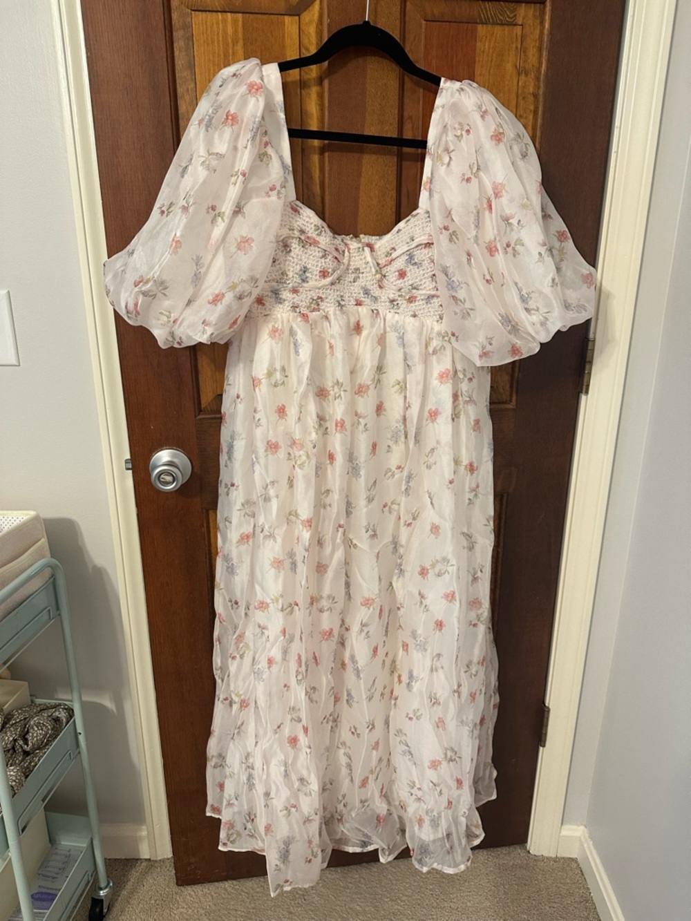 White Floral Midi Dress with Puff Sleeves